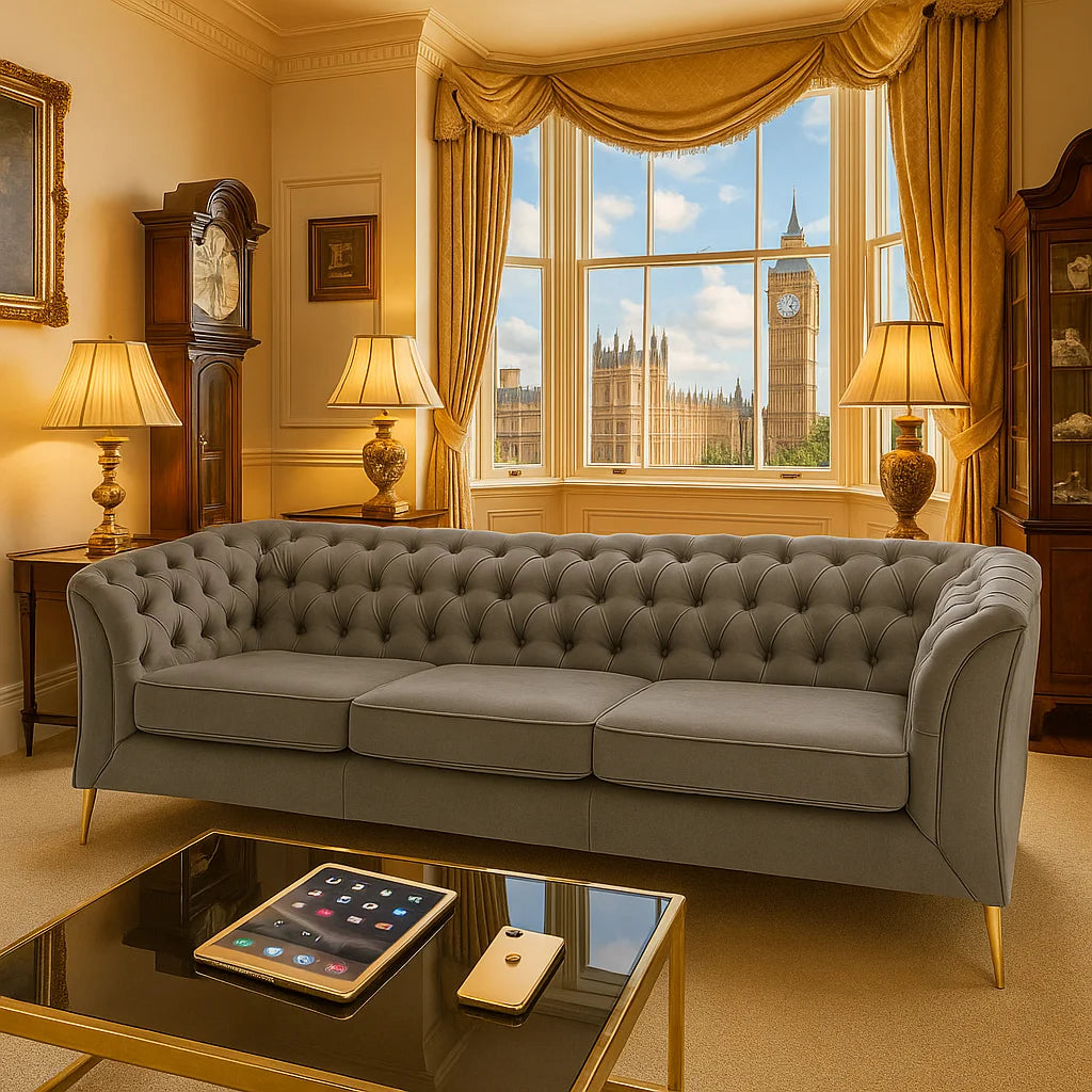 Living room with a gray sofa, glass coffee table, and view of Big Ben through a window.