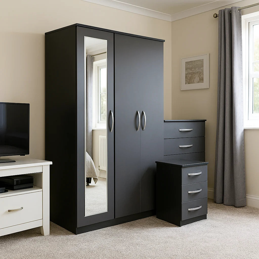 3 Door 1 Mirror Adjustable Drawers Wardrobe