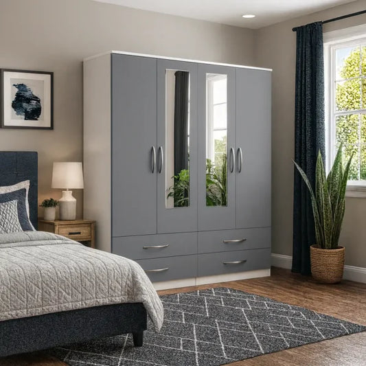 4-Door Wooden Wardrobe with Mirrors & Drawers | Luxury UK