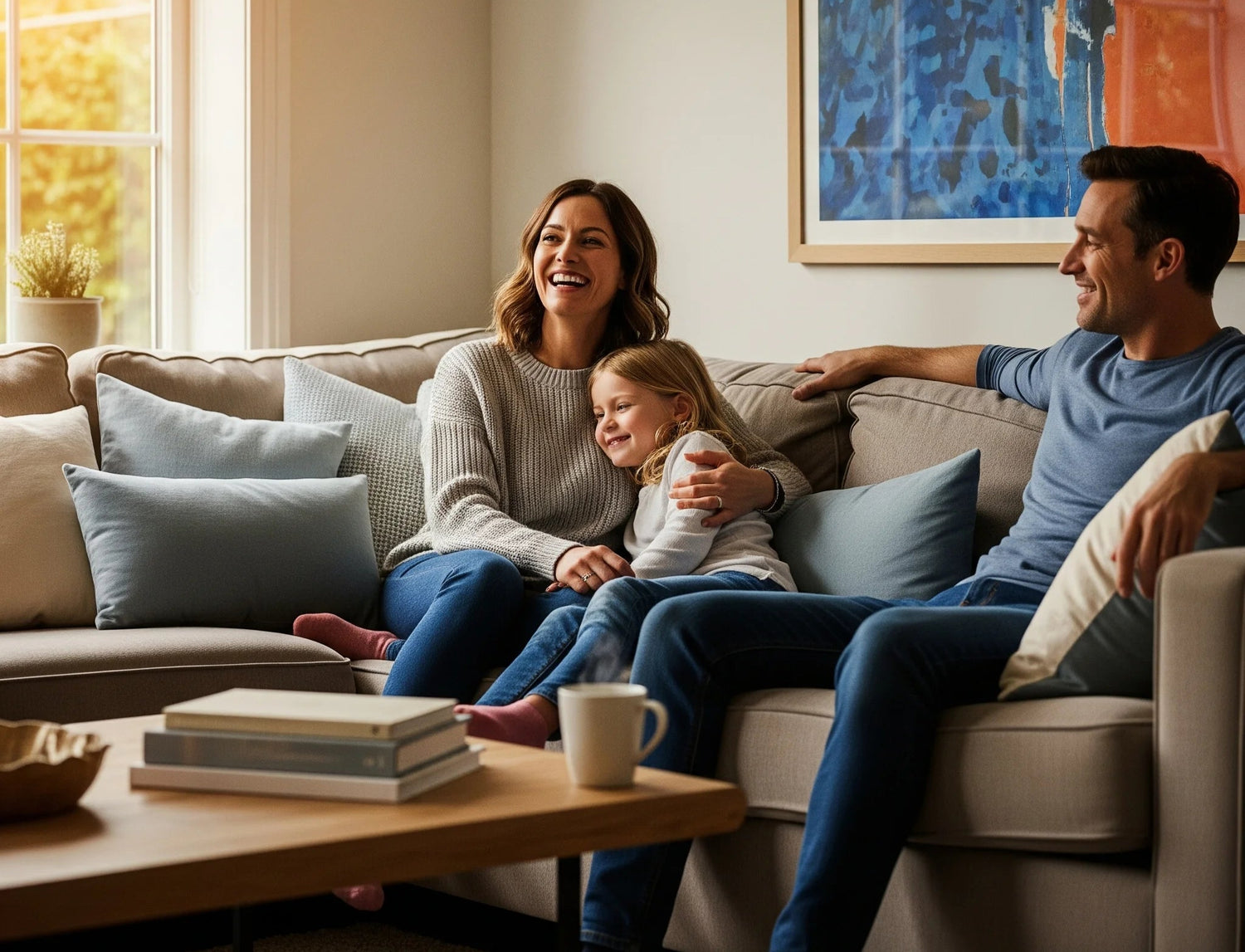 Family of three sitting on a couch in a living room with a coffee table and artwork on the wall.