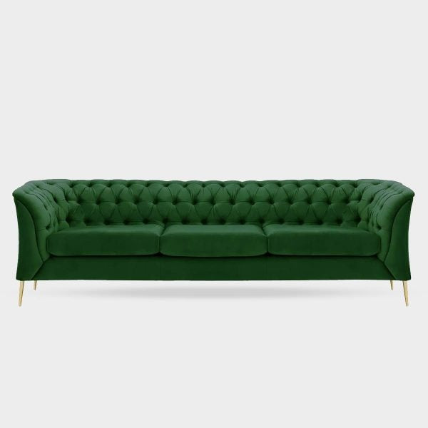 A compact blue 3 seater Chesterfield sofa with tufted backrest and gold-colored legs.
