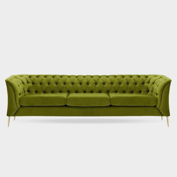 A compact light green 3 seater Chesterfield sofa with tufted backrest and gold-colored legs.