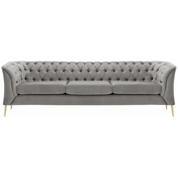 A compact blue 3 seater Chesterfield sofa with tufted backrest and gold-colored legs.