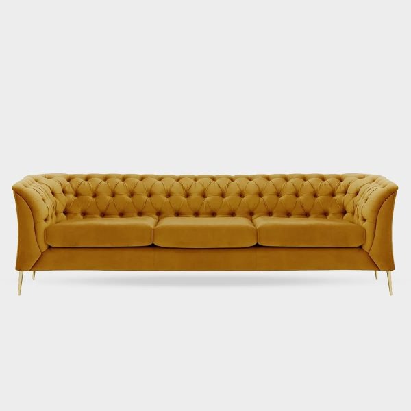 A compact blue 3 seater Chesterfield sofa with tufted backrest and gold-colored legs.