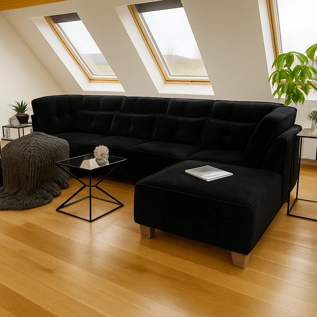 Sloane U-Shape Sofa in Black Velvet colour_UK Crafted Made