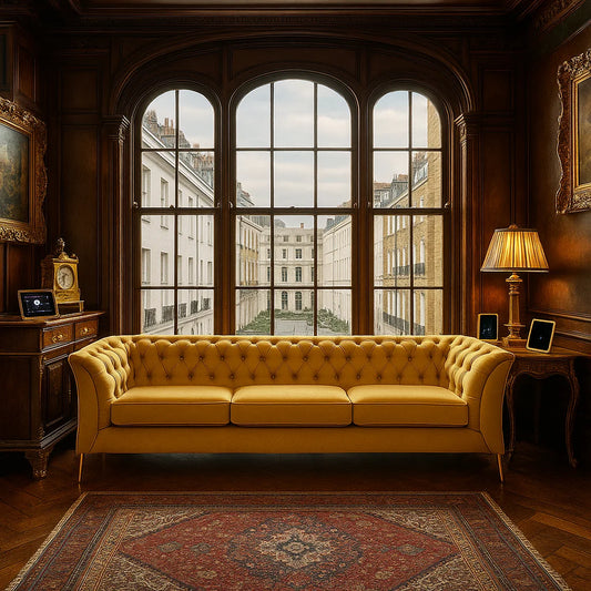 Yellow sofa in a room with large windows and decorative elements.