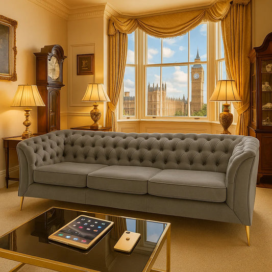 Living room with a gray sofa, glass coffee table, and view of Big Ben through a window.

