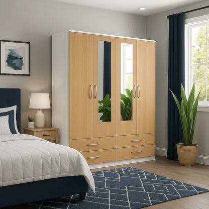 4-Door Wooden Wardrobe with Mirrors & Drawers | Luxury UK