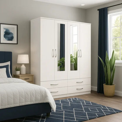 4-Door Wooden Wardrobe with Mirrors & Drawers | Luxury UK