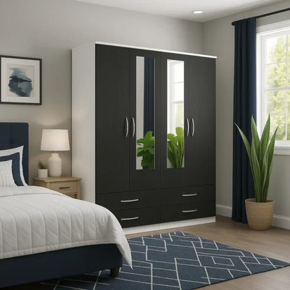 4-Door Wooden Wardrobe with Mirrors & Drawers | Luxury UK
