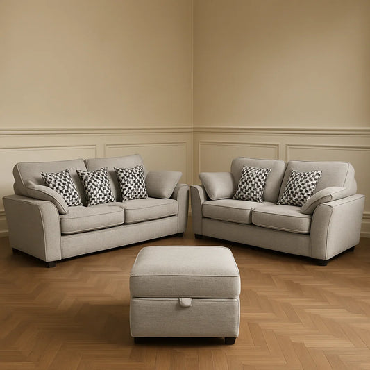 Camden 3+2 Grey Fabric Sofa Set with Free Footstool – UK Made