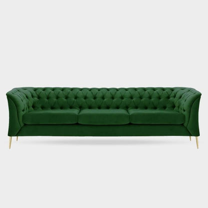 A compact blue 3 seater Chesterfield sofa with tufted backrest and gold-colored legs.