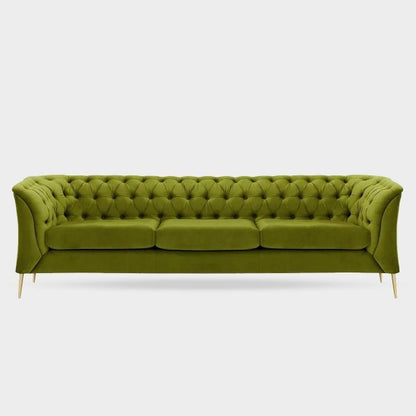 A compact light green 3 seater Chesterfield sofa with tufted backrest and gold-colored legs.