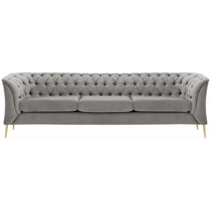 A compact blue 3 seater Chesterfield sofa with tufted backrest and gold-colored legs.