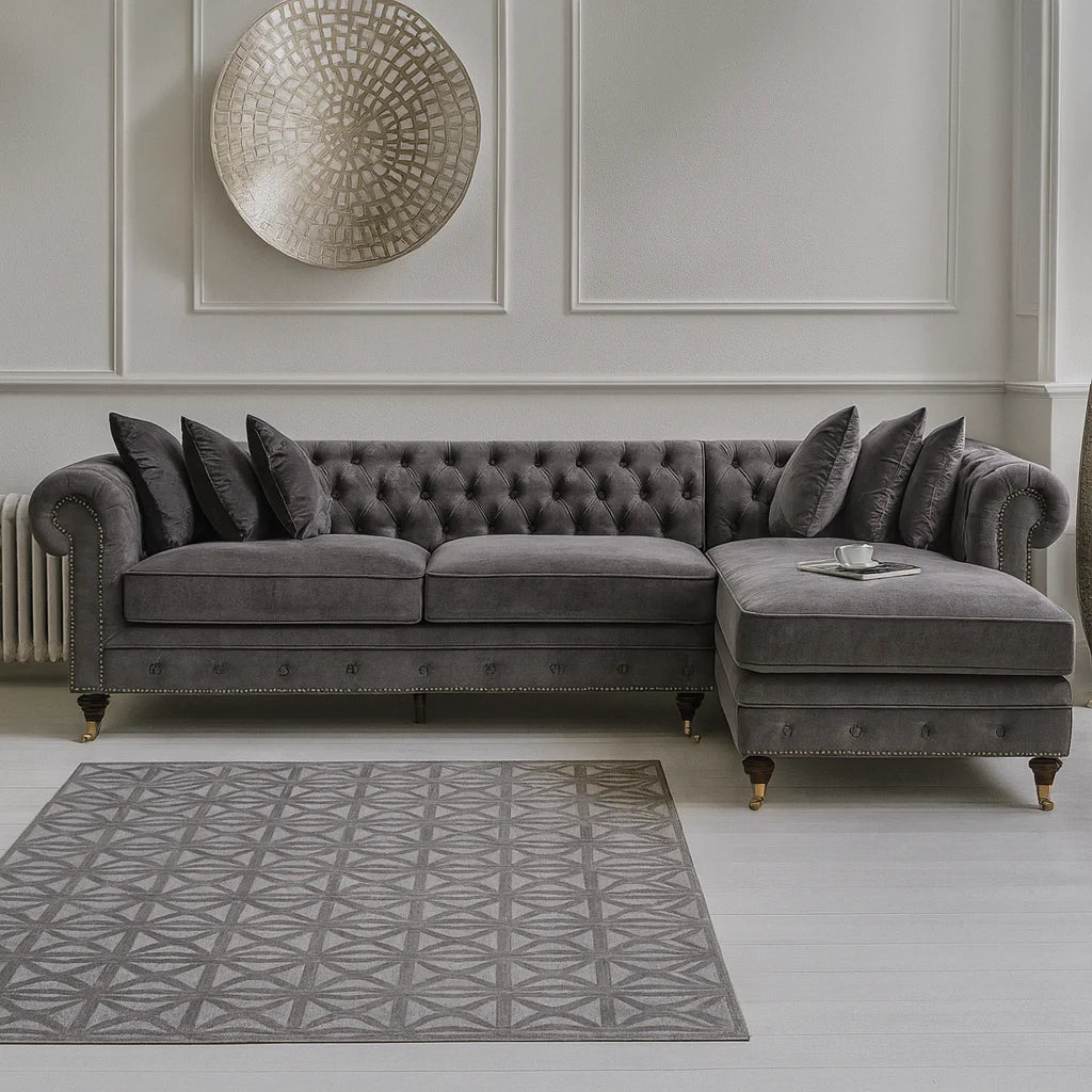Chesterfield L-Shape Sofa – UK Handmade in Plush Velvet Fabric