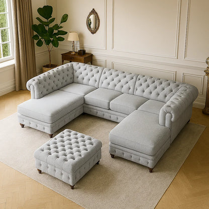 Classic U-Shaped Chesterfield Sofa with Velvet Upholstery