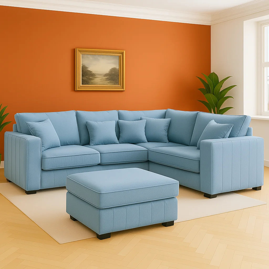 L-Shape Lilly Velvet Sofa with Matching Footstool – UK Made
