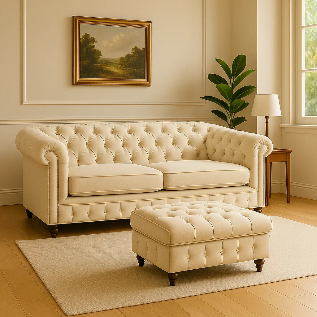 Elegant 2-Seater Chesterfield Sofa Set – UK Made with Free Footstool