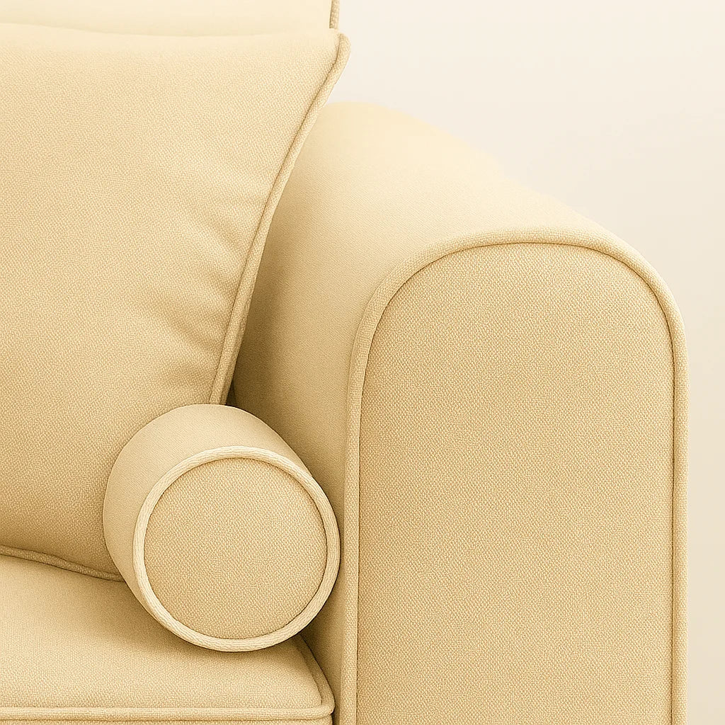 Close-up of a beige armchair with a soft texture