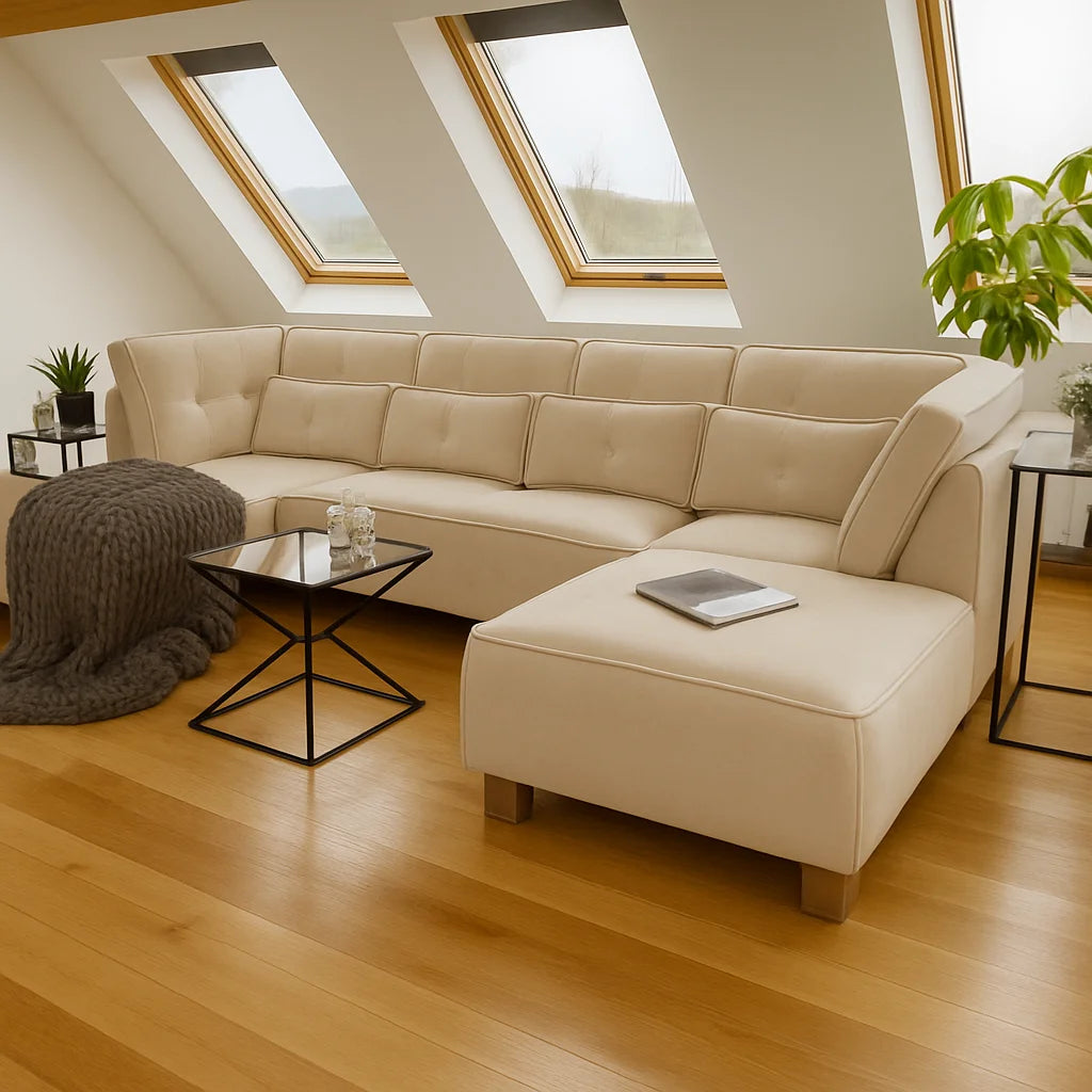 Sloane U-Shape Sofa in Beige Velvet colour_UK Crafted Made
