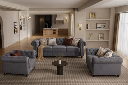 Windsor Grey Chesterfield 3+2+1 Sofa Set – Timeless British Elegance